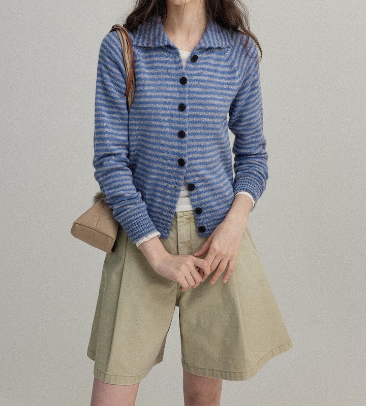 vintage/中古感撞色条纹蓬松羊毛修身版型针织小开衫女|undefined