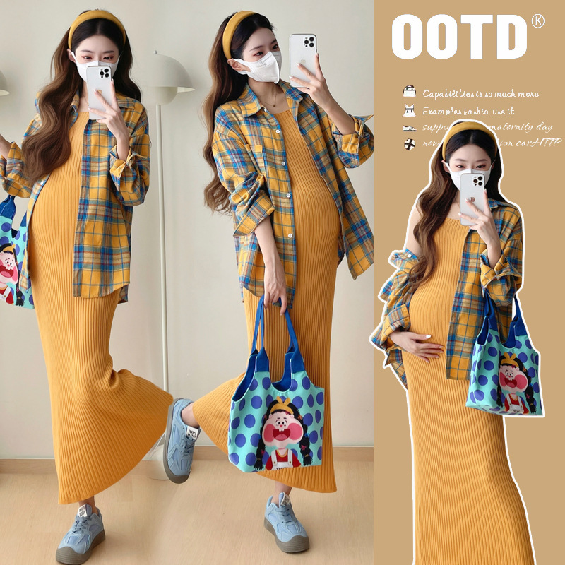 2025 spring new maternity vest dress long sleeve plaid cardigan shirt maternity suit