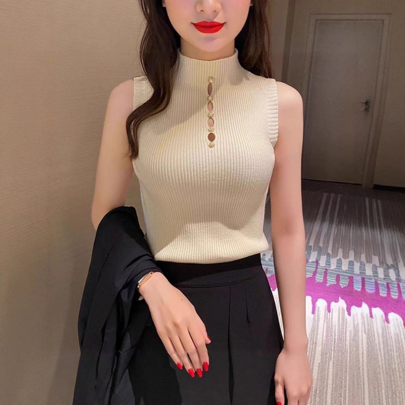 Half Turtleneck Knitted Vest for Women, New Summer Style, Beaded Hollow-Out Sleeveless Base Shirt Top Half Turtleneck Knitted Vest for Women, New Summer Style, Beaded Hollow-Out Sleeveless Base Shirt Top