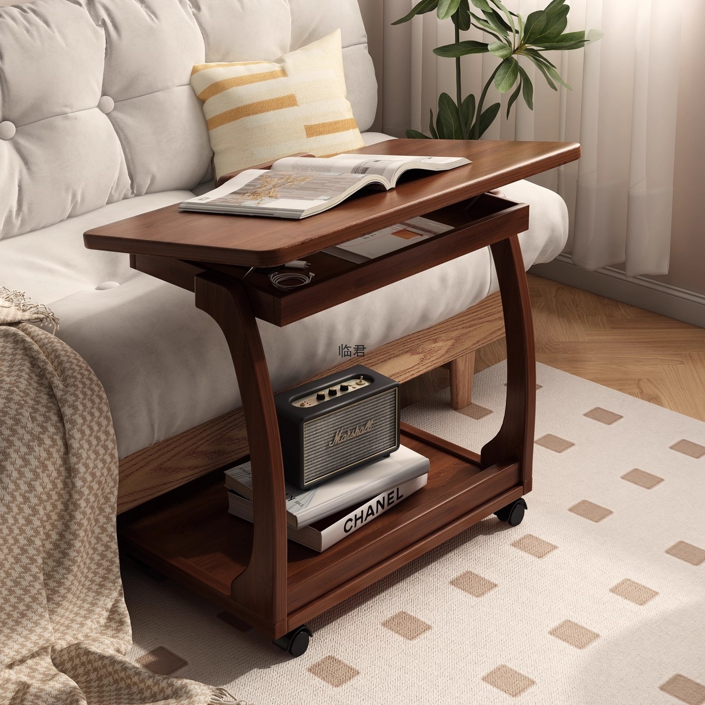 Sofa Side Table, Movable C-Shaped Small Coffee Table, Living Room Small Corner Table, Sofa Side Storage Rack, Flip-Top Bedside Table