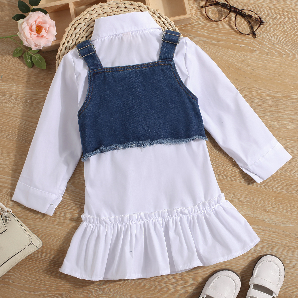 2024 Frühling und Herbst Kinderkragen Hemdrock Mädchen Rüschenkleid Cowboy Tank Top Zweiteiliges Set_voghion.com