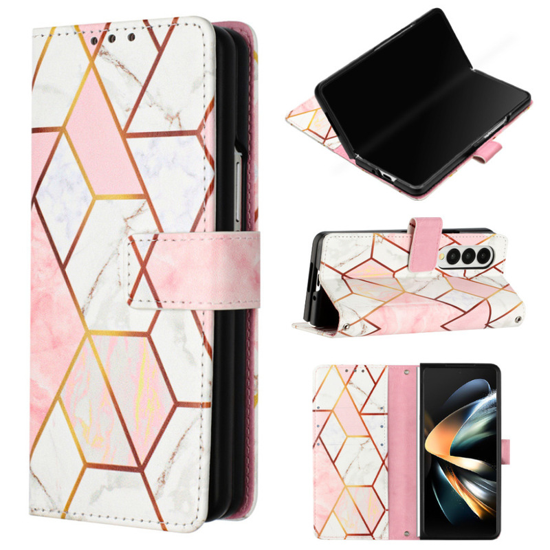 Folding Leather Case for Samsung Z Fold4 Z Fold6 Marble Card Wallet Crossbody Leather Case Fold5
