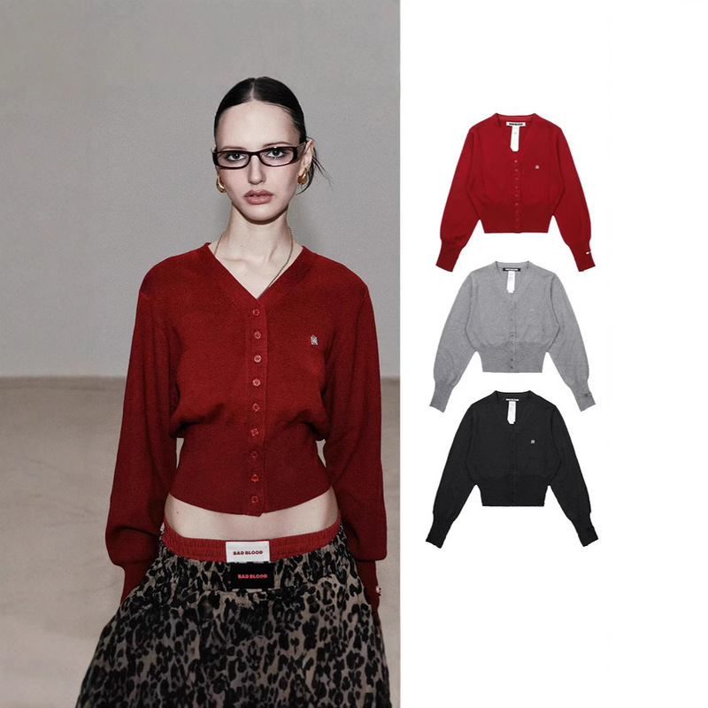 badblood Red V-neck Sweater American Retro Knitted Cardigan Elegant Slim-fit Short Coat Women's Autumn Fashion