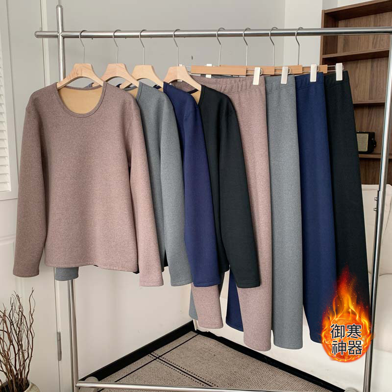 Autumn and Winter Men's Thermal Underwear Set with Fleece Lining, Thickened Round Neck Top and Pants, Plus-Size Tight-Fitting Long-Sleeve Pajamas Set