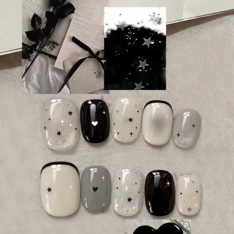 Ins-style black, white, and gray star-dot heart-shaped press-on nails, cool and sophisticated, flattering and high-end, fake nail patches for cross-border wholesale Ins-style black, white, and gray star-dot heart-shaped press-on nails, cool and sophisticated, flattering and high-end, fake nail patches for cross-border wholesale