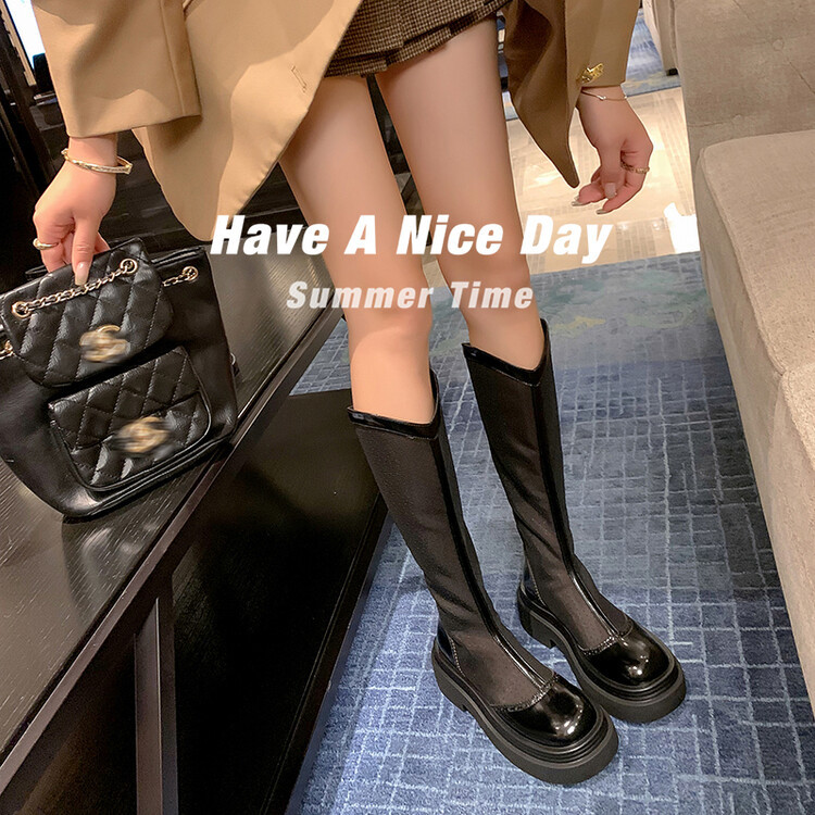 Boot lưới da thật cổ cao mũi tròn đế dày phối màu thoáng khí mùa hè — Màu đen cổ ống lớn, Ống nhỏ màu đen, Chu vi ống lớn màu trắng Be, Ống nhỏ màu be chi tiết 3
