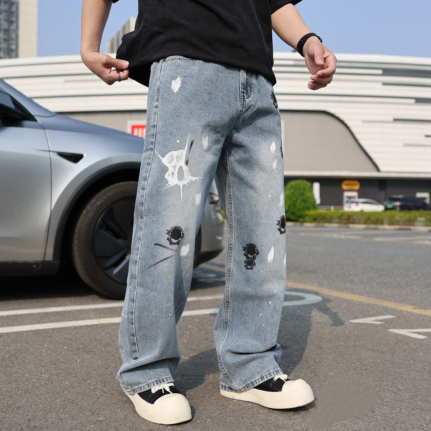 Men's Clothing Men's Straight Leg Jeans Graffiti Splatter Paint Design Comfortable Fit Denim Pants Trendy Clothing_voghion.com