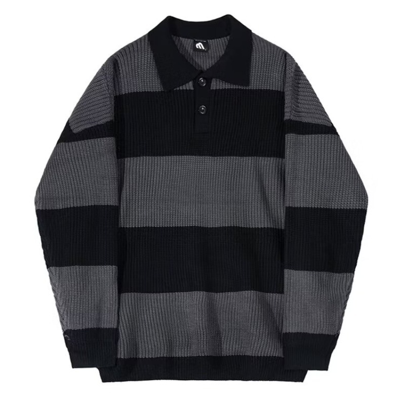 Men's Trendy Loose Lazy Retro Hong Kong Style Pullover Striped Polo Knit Sweater Casual Versatile Jacket Men's Trendy Loose Lazy Retro Hong Kong Style Pullover Striped Polo Knit Sweater Casual Versatile Jacket