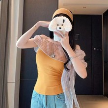 新款格子荷叶边一字肩美背撞色纯欲风短袖T恤上衣甜美小衫女5509#