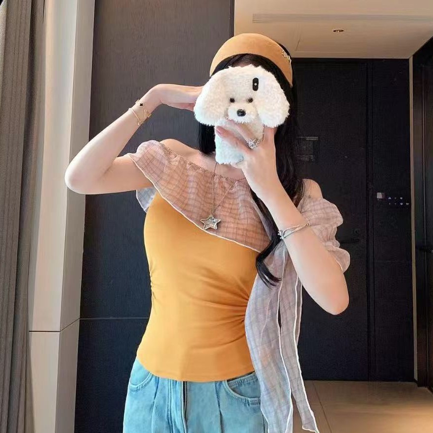 新款格子荷叶边一字肩美背撞色纯欲风短袖T恤上衣甜美小衫女5509#