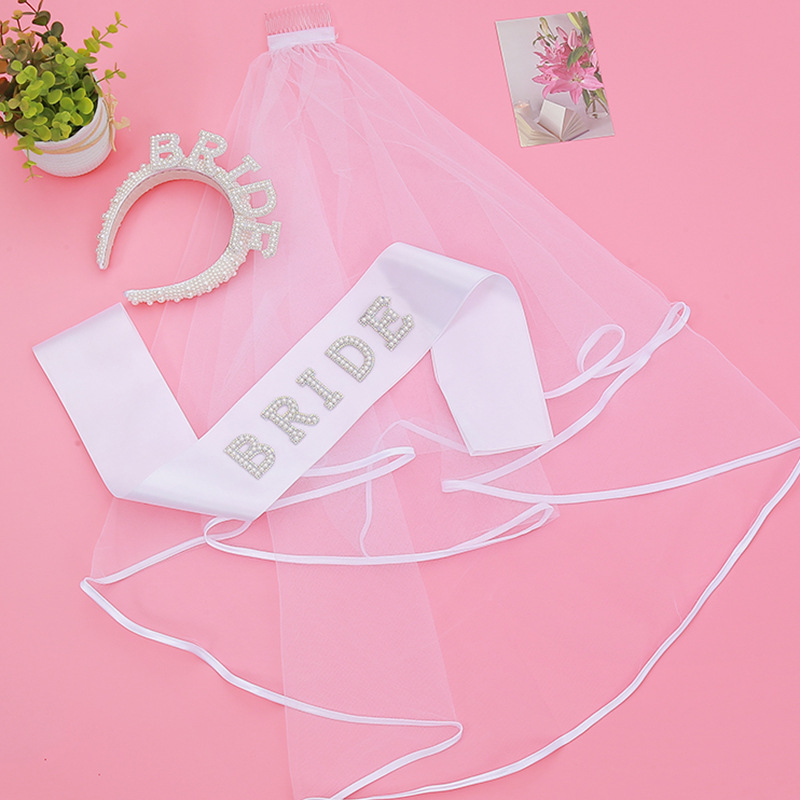 Personalizada boda tocadena de novia perla banda de cabello tocadena de soltero fiesta de cristal correa de hombro de boda conjunto de cinta