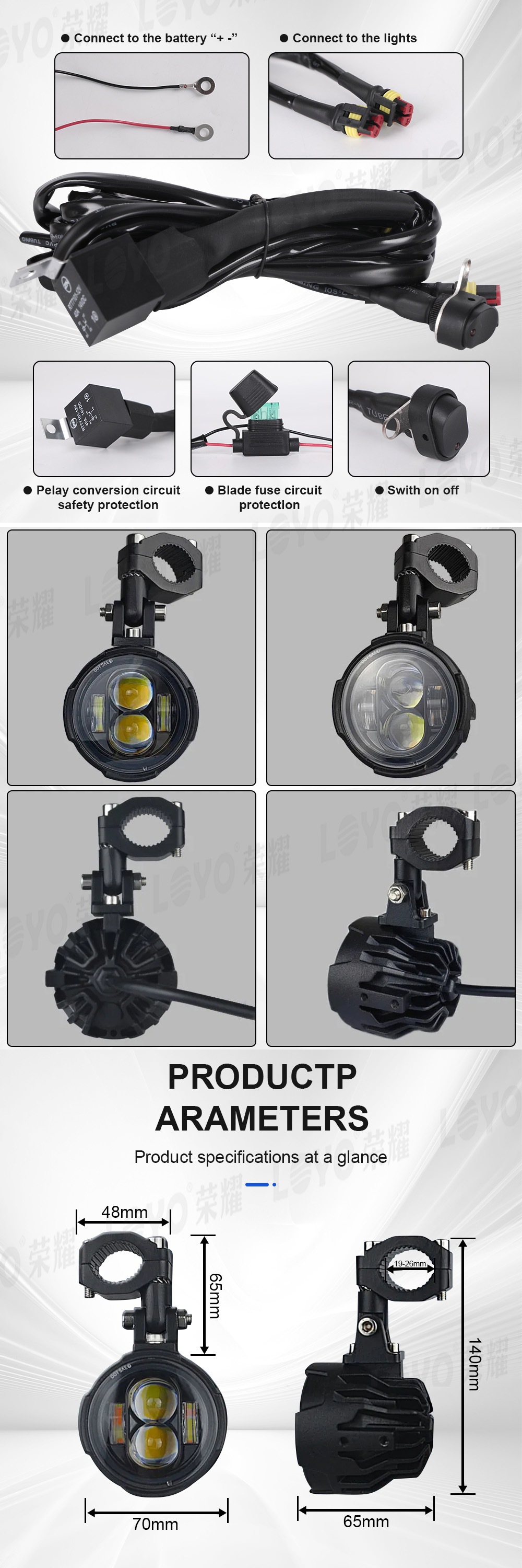 Motorcycle LED spotlights are suitable for use as high beam lights, driving lights, LED fog lights, and external auxiliary lights for motorcycles and electric vehicles
