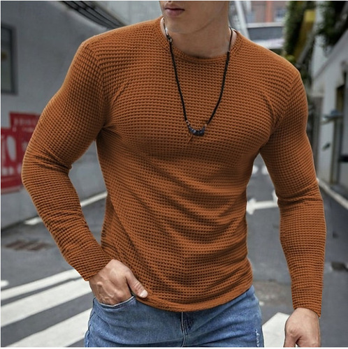 2024 Cross-border E-commerce Amazon Threaded Cuff Base Layer Shirt for Men, Slim-fit, Long-sleeved, Round-neck Casual Top for Europe and the U.S.