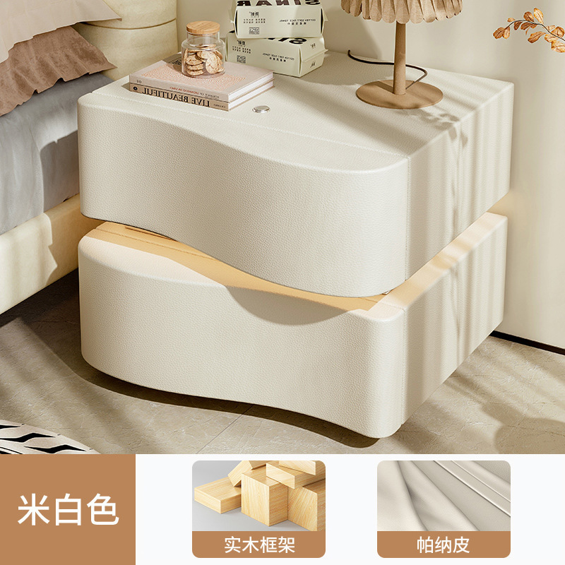 Mesita de noche, estilo crema, madera maciza, simple, blanco moderno, modelo de diseñador creativo, lujo ligero, dormitorio principal de alta gama, nuevo