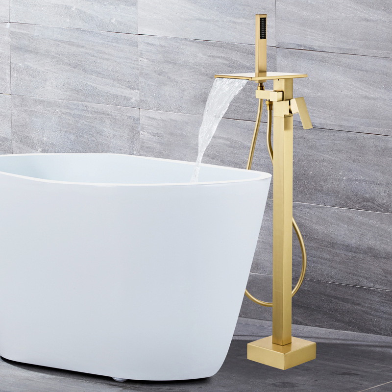 Square black and white gold edge floor-standing waterfall, rotating floor-standing bathtub, faucet, shower head, single handle, upright details Picture