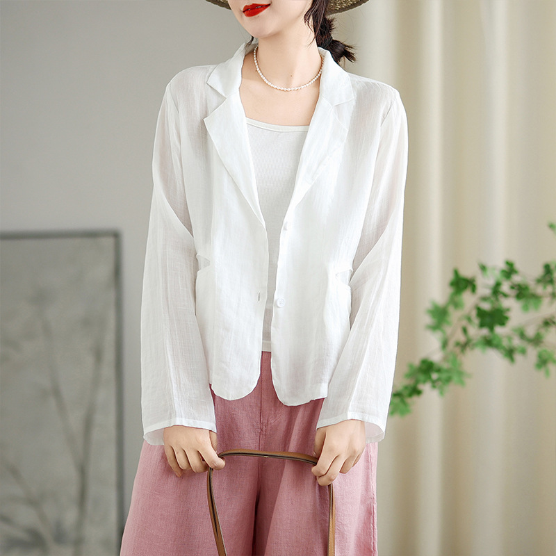 Actual Shot of 2025 New Autum Cotton and Linen Anti-Scratch Casual Loose Retro Floral Small Ultra-Thin Long-Sleeved Suit for Women