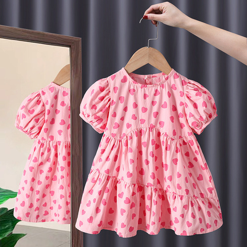 Fashionable girls dress 2024 summer new fashion style love sweet cotton breathable children's princess dress trendy
