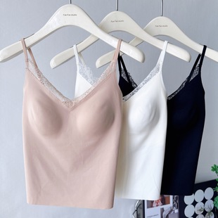 Lace Sexy Liquid Foundation Camisole Women's Belly-Covering Belt Breast Pad Beautiful Back Outer Wear Inner Top White Intimates