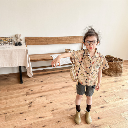 2024 new children's clothing summer products Children's summer clothing Korean style denim short-sleeved shirts boys and girls shirts 123300