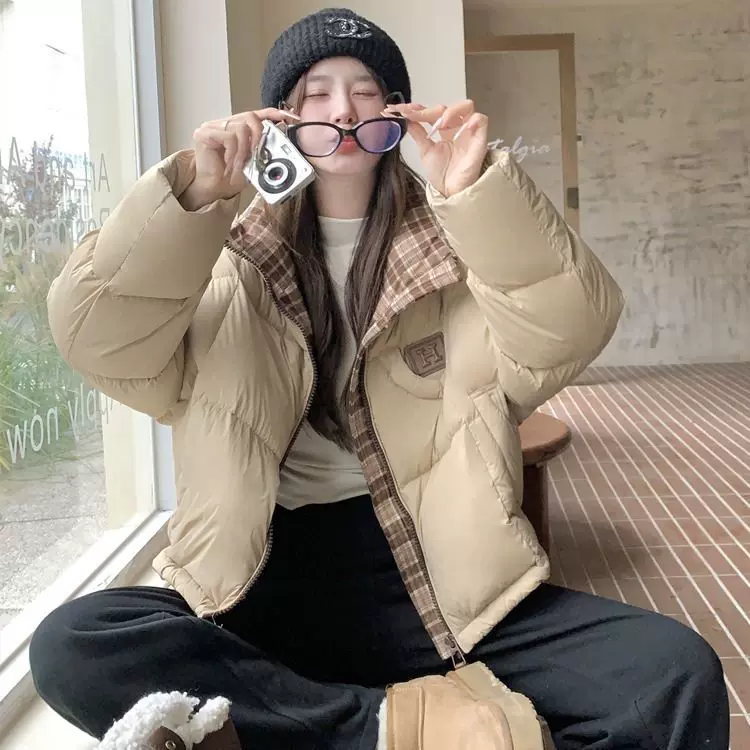 加绒加厚格子拼接学院风立领棉服女冬季保暖年新款小个子面包服