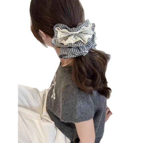 French Retro Double Layer Check Lace Large Size Big Bow Hair Band for Girls 