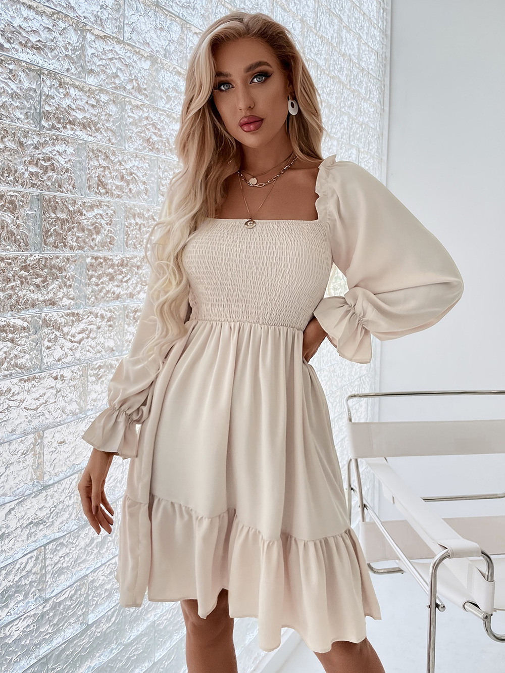 374g Weight Knee-Length Dress Length Type Long Sleeve Sleeve Length A-Line Skirt Dresses Type Flounce Sleeve Sleeve Type Polyester Fabric Type High Waist Waist Line Daily Occasion Square Neck Neckline Regular Fit Fit Type Solid Color Pattern Summer, Spring, Autumn Season Women'S Gender Ruffles Design Fashion Style Wholesale Women'S Fashion Ruffles Solid Color Daily Square Neck Long Sleeve A-Line Skirt 19