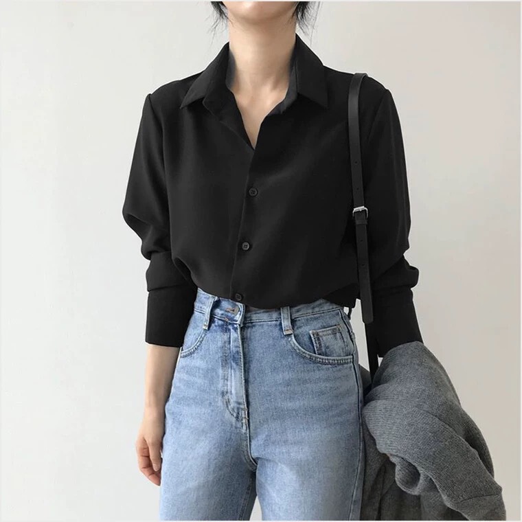 Black Chiffon Shirt for Women, Loose Polo Collar Long-Sleeved Top, Professional Ol Pure Color Hong Kong Style Bottoming Shirt for Women