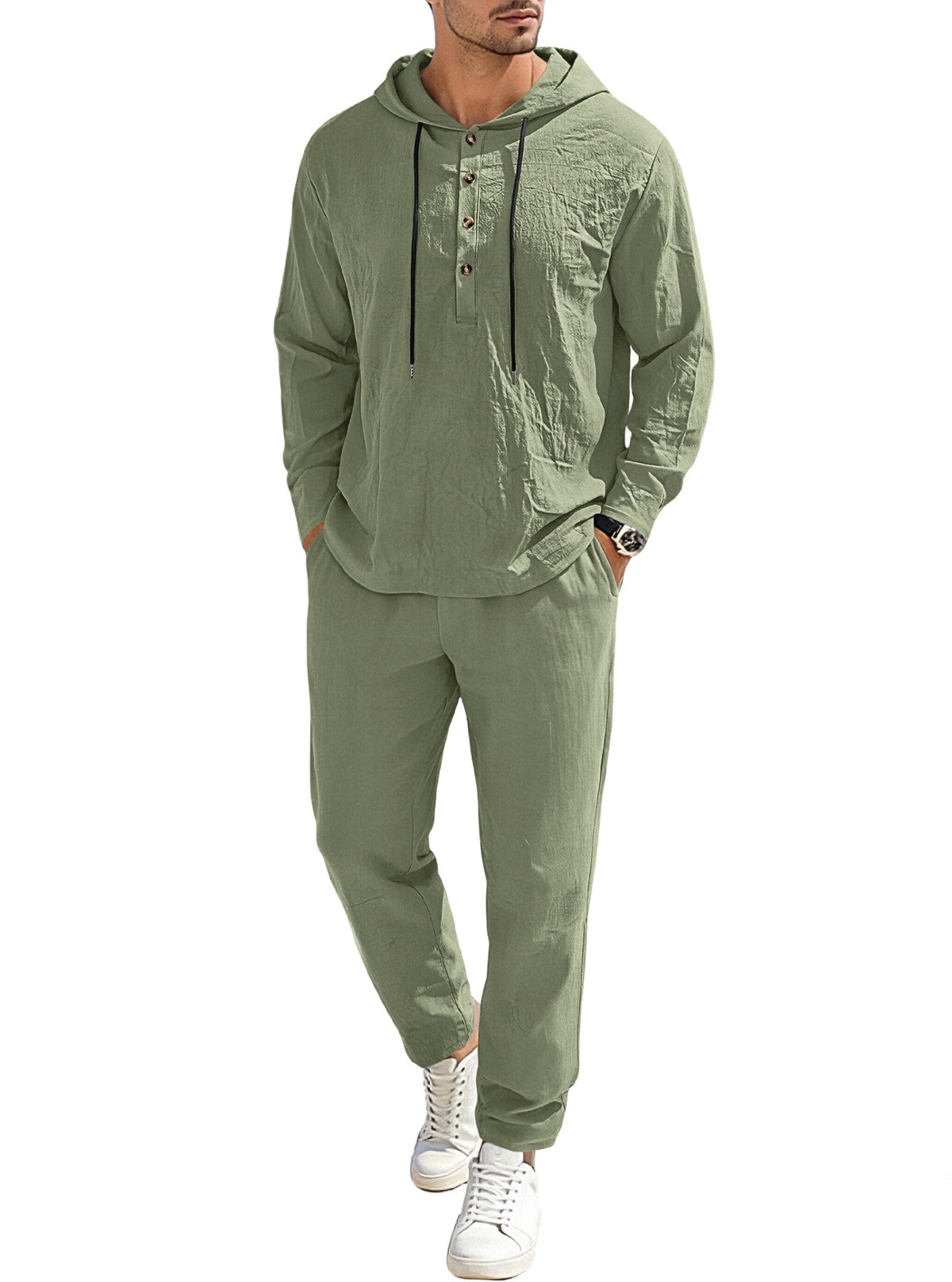 Nuevo transfronterizo europeo y americano TK Amazonas hombre nuevo lino de color sólido con capuzas de tirada manga larga pantalones para hombres