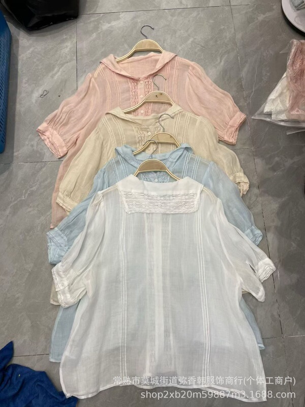 New summer fashion, fresh and artistic style, navy collar with lace trim, tie-dye short-sleeve loose ramie shirt for a youthful look New summer fashion, fresh and artistic style, navy collar with lace trim, tie-dye short-sleeve loose ramie shirt for a youthful look