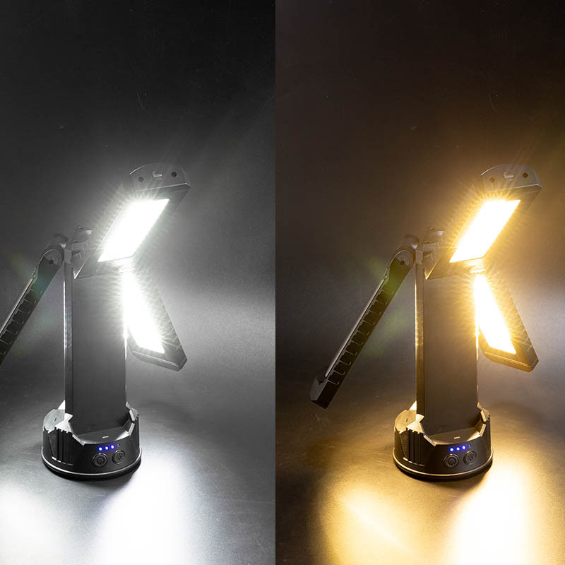 Luz de trípode todoterreno transfronteriza, luz ambiental de dos colores amarilla y blanca, luz de campamento de alto brillo para exteriores de adsorción magnética fuerte