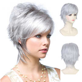 2023新品欧美女士假发短直发斜刘海假发套银灰色爆款狼尾短发