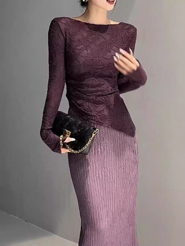 Elegant Elegant Lace Pleated Long-Sleeved Asymmetrical Top + Elastic Waist Back Slit Dress Autum Two-Piece Set