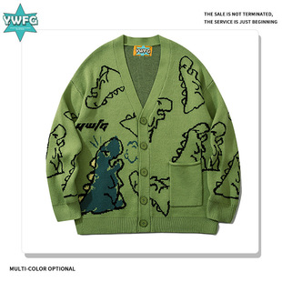 Ywfg Cross-Border Temu Xiyin Amazon Men's Dinosaur Loose and Versatile Hong Kong Style Ins Knitted Cardigan Sweater