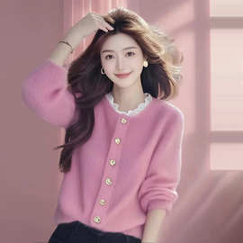 2025新款毛衣慵懒高级感冬季加厚超好看外套小个子短款粉色针织衫