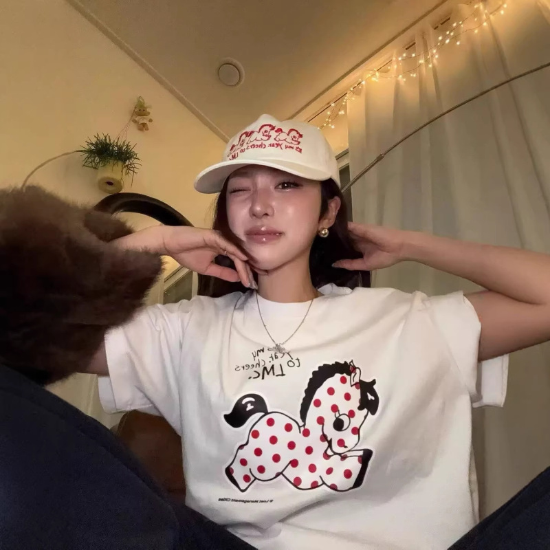 In Stock from the Manufacturer~ Year of the Horse New Year Limited Edition Korean Trendy Brand L*C Designer Polka Dot Pony Loose Short-Sleeve T-Shirt for Women In Stock from the Manufacturer~ Year of the Horse New Year Limited Edition Korean Trendy Brand L*C Designer Polka Dot Pony Loose Short-Sleeve T-Shirt for Women