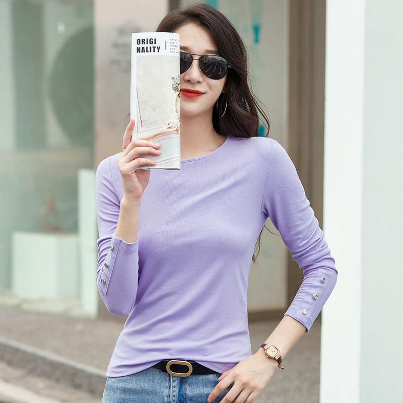 Big Sale Simple Style Round Neck Pit Strip High Elastic Cat Eye Button Slim Korean Style Long-Sleeved Women's T-Shirt Fashionable Bottoming Shirt 189-1