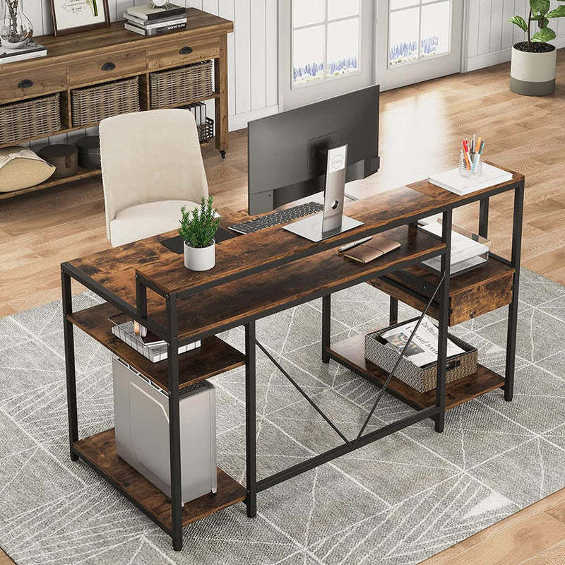 Modern Design Steel-Wood Desk with Iron Legs, Sturdy and Stable, Including One Drawer and a Multi-Functional Computer Host Placement Rack