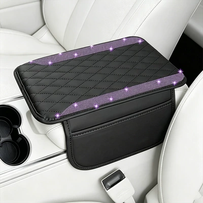 Cross-Border Central Armrest Box Mat, New Diamond Leather Hot-Selling Car Armrest Mat, High-End Armrest Mat with Storage Bag (Armrest box pad) - purple-rhinestone