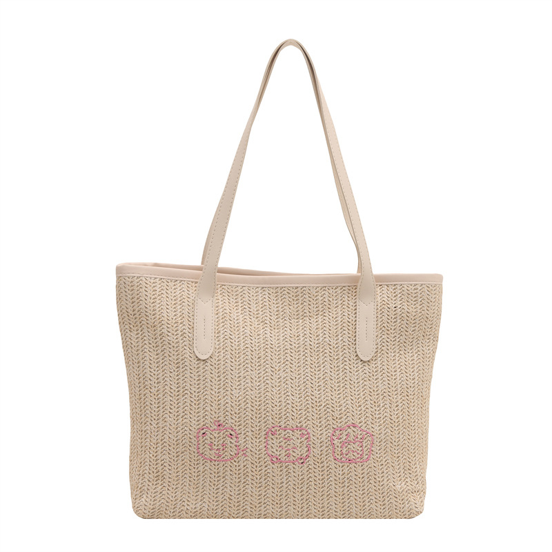 Large Woven Straw Shoulder Bag For Women Trendy Colour-blocking_voghion.com