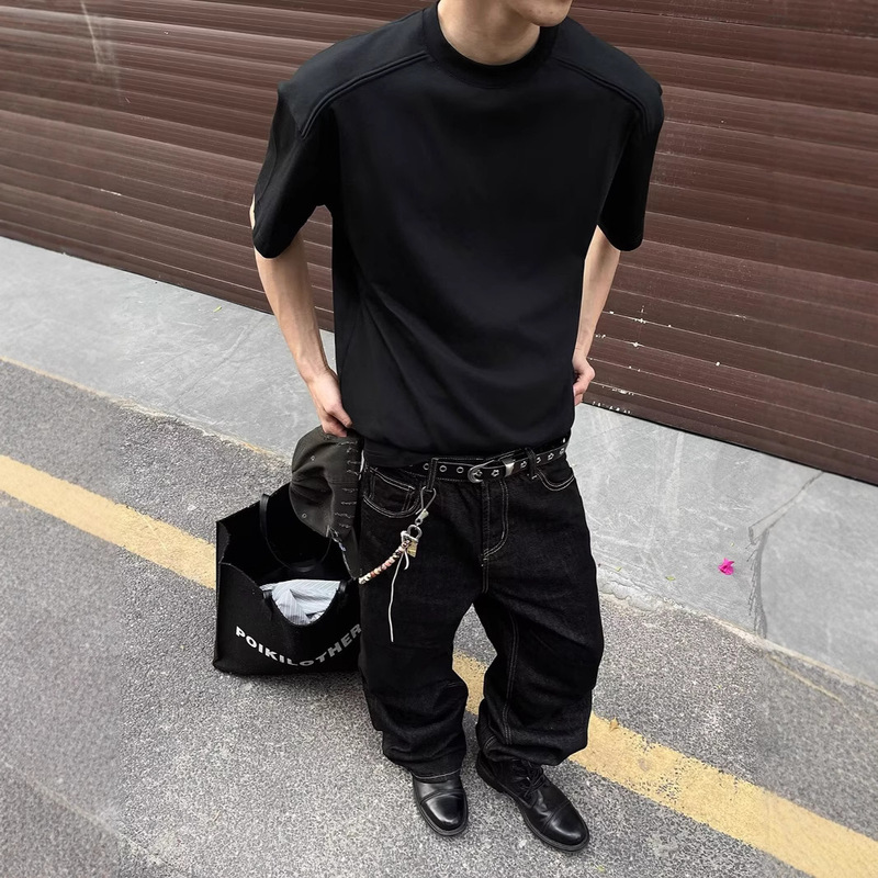 American Retro Solona Cool Fabric American Boxy Short Wide Version Double Shoulder Line Cleanfit Short-Sleeved T-Shirt