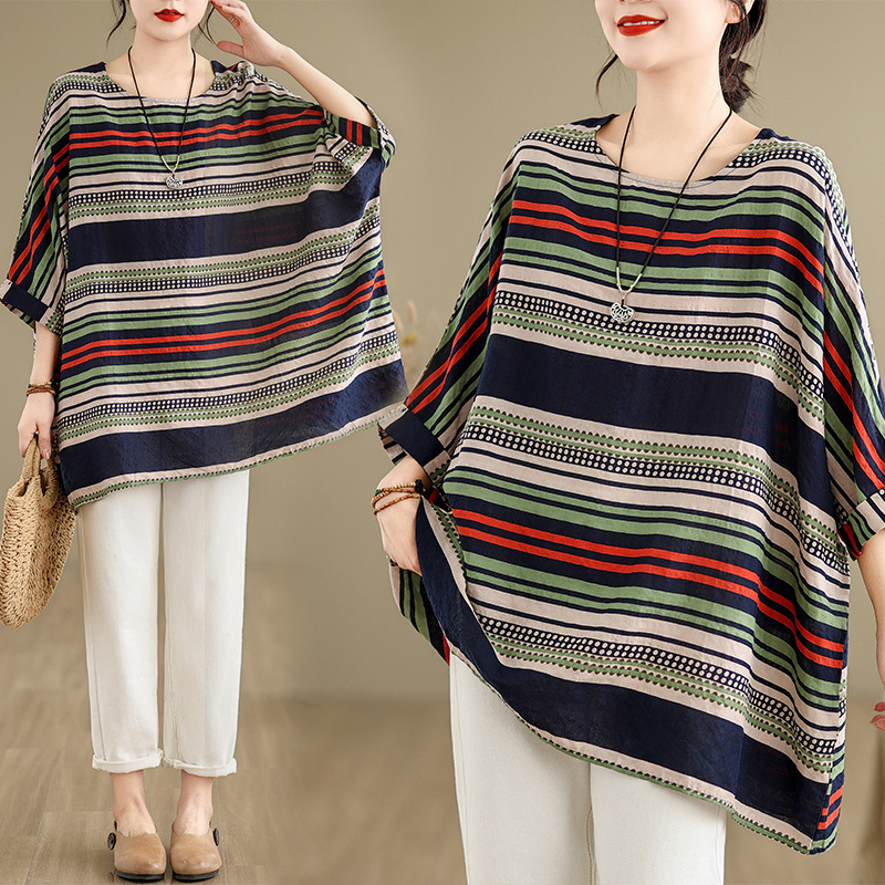 2024夏季新款棉麻大码文艺时尚宽松圆领蝙蝠袖上衣T恤女