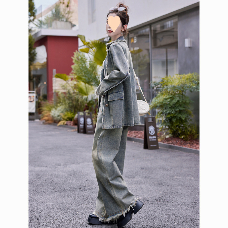 復古氣質牛仔套裝女2025年春秋季新款西裝外套闊腿長褲流蘇兩件套