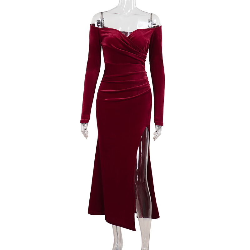 Off Shoulder Sexy High Slit Velvet Dress Women Elegant Dress