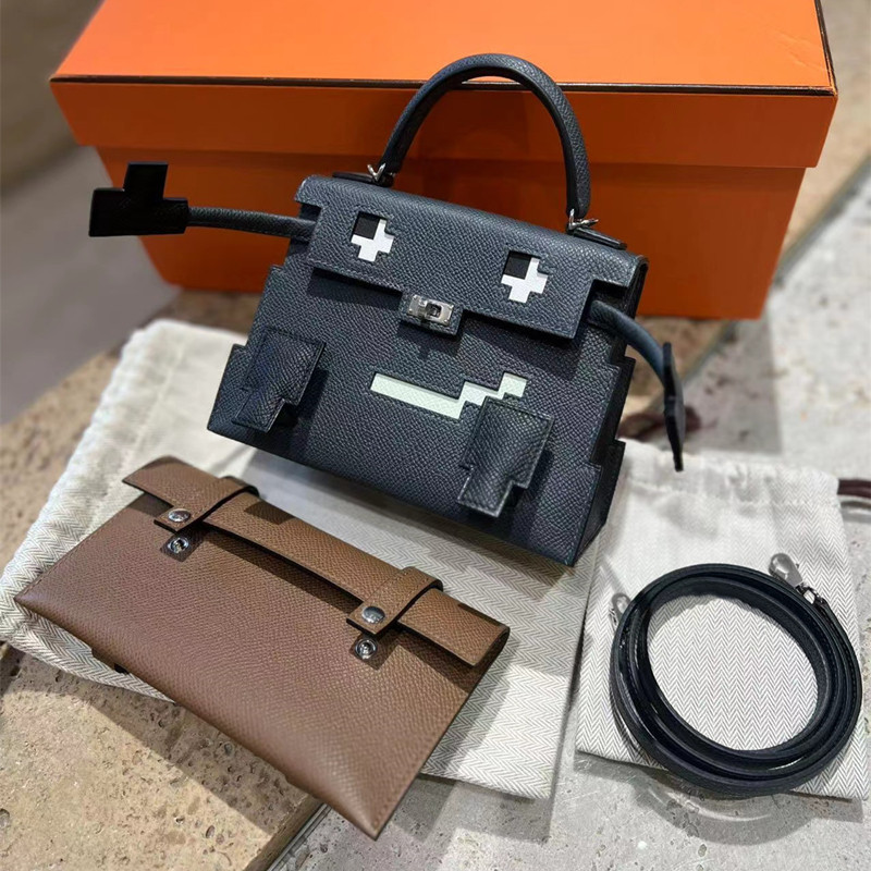 Cross-Border Women's Handbag H Brand Cowhide Robot Kelly Bag Smiley Face Bag Mosaic Doll Handbag Shoulder Crossbody Bag