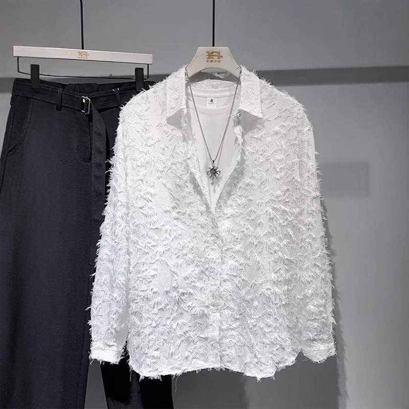 跨境2025春秋新款小众设计长袖衬衫男士韩版潮流个性薄款休闲衬衣