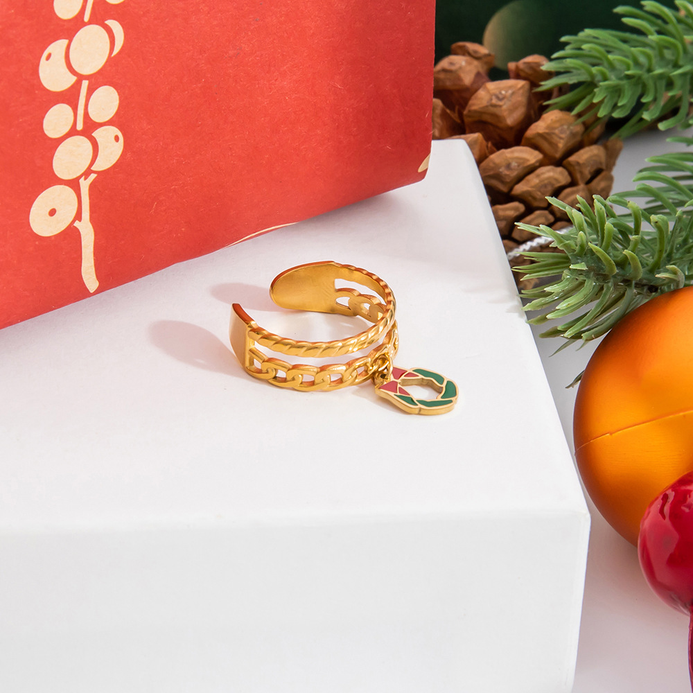 Christmas Festival PVD Coated Real Gold Plated Santa Claus Christmas Socks 304 Stainless Steel Cute Modern Style Classic Style Waterproof Non Tarnish Charm Rings Open Rings