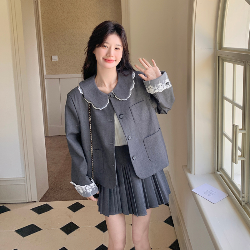 韩系花边娃娃领短外套两件套女春2025新款显瘦减龄百褶半身裙套装|undefined