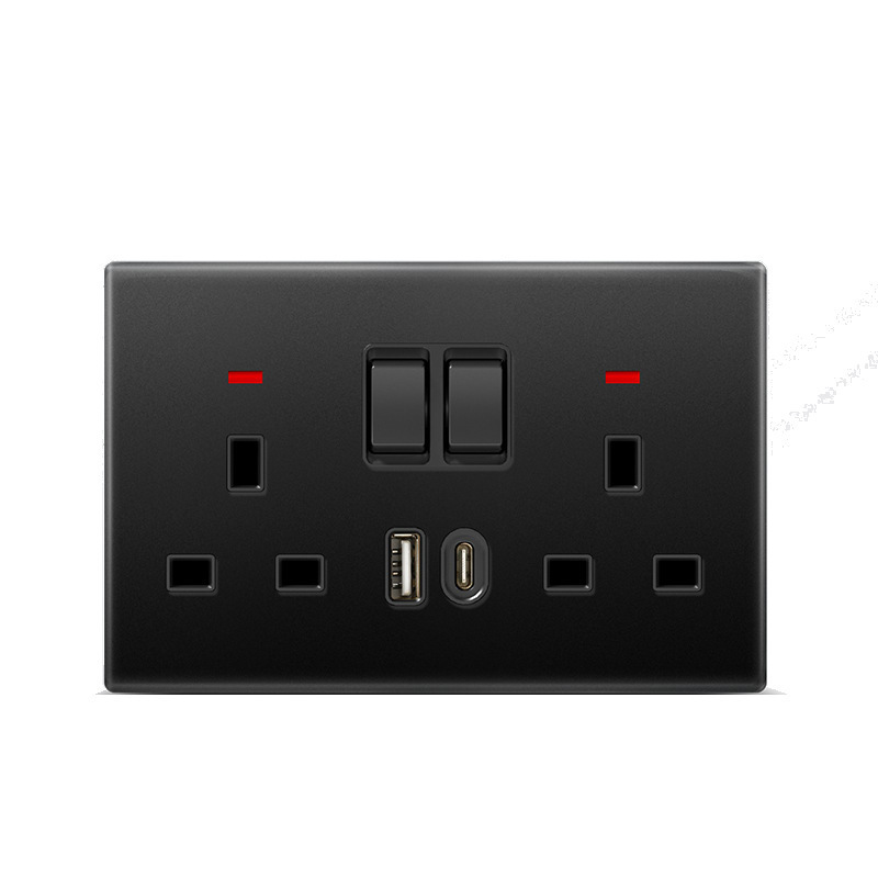 Inglés vidrio temperado negro 250V13A tres orificios tipopec panel de toma de carga 16A interruptor UE image 5