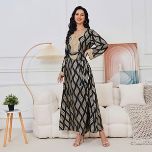 MT117 Middle East abaya Arab clothing women's V collar new bronzing long sleeve European and American fashion dress