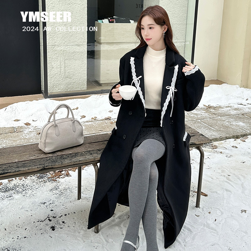 고급 우아한 양모 코트 여성 가을 및 겨울 새로운 한국식 틈새 대비 컬러 롱 코트 노동 및 소재